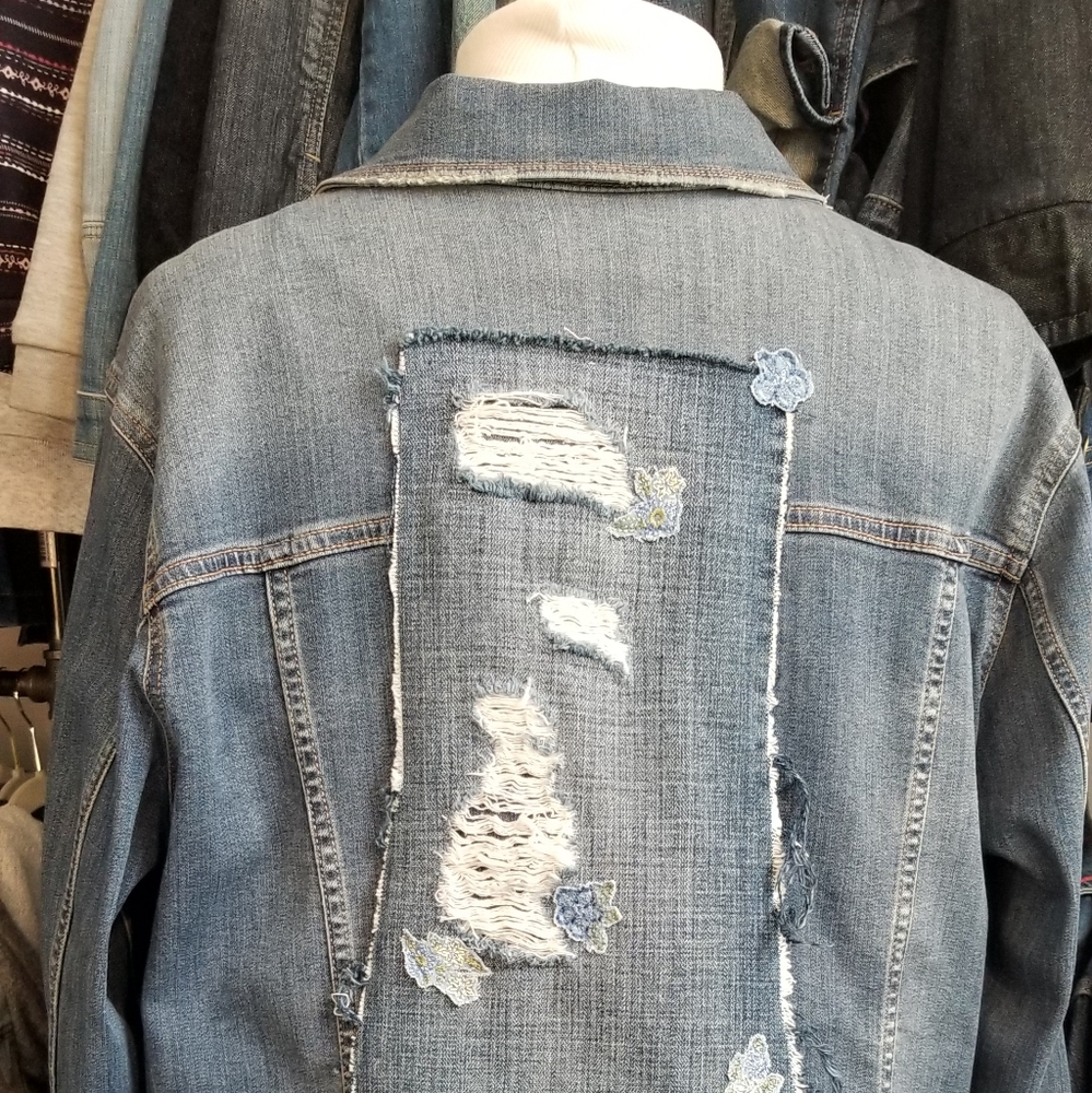 Plus size upcycled denim jean jacket.
